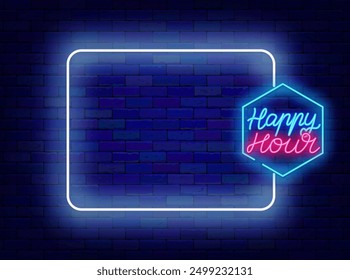 Happy hour neon poster. Empty white frame and lettering. Eating design. Night club, free drinks, bar counter and restaurant. Editable stroke. Copy space. Vector stock illustration