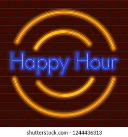 Happy hour neon poster. Vector illustration design