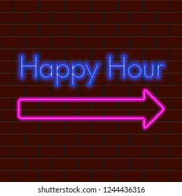 Happy hour neon poster. Vector illustration design