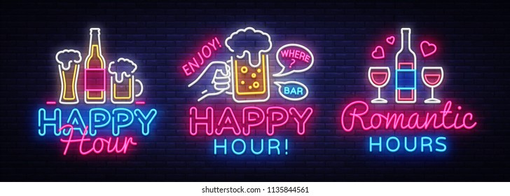 Happy Hour neon sign collection vector. Happy Hour Design template neon sign, Night Dinner, celebration light banner, neon signboard, nightly bright advertising, light inscription. Vector illustration