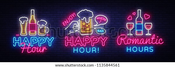 Happy Hour neon sign collection vector.\
Happy Hour Design template neon sign, Night Dinner, celebration\
light banner, neon signboard, nightly bright advertising, light\
inscription. Vector\
illustration