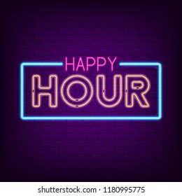 Happy hour neon sign. Night bright advertising neon signboard. Vector illustration.