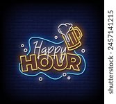 happy hour neon Sign on brick wall background vector