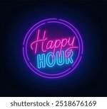 Happy Hour neon sign on dark background.