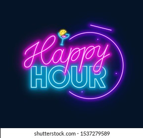 Happy hour neon sign on dark background.