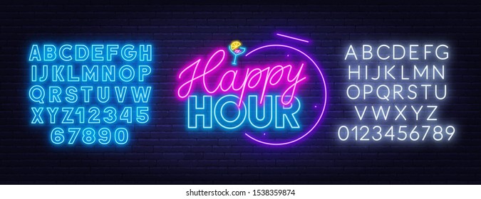Happy hour neon sign on dark background. - Shutterstock ID 1538359874