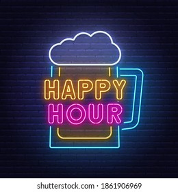 Happy Hour neon sign on brick wall background.