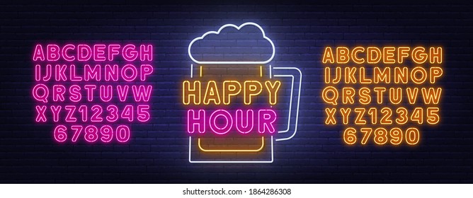 Happy Hour neon sign on brick wall background.