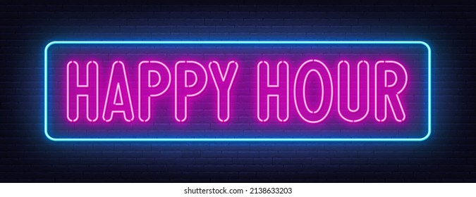 Happy hour neon sign on dark background.