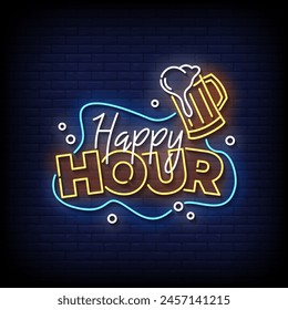 happy hour neon Sign on brick wall background vector