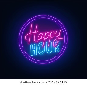 Happy Hour neon sign on dark background.