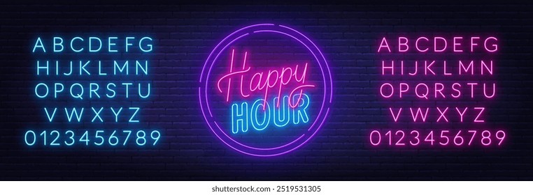 Happy Hour neon sign on dark background.