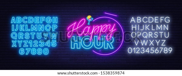 Happy hour neon sign\
on dark background.
