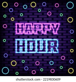 Happy Hour Neon sign. Neon script. Neon text. Design element. Vector Illustration