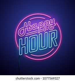 Happy hour neon sign. Vector illustration. - Shutterstock ID 1077569327