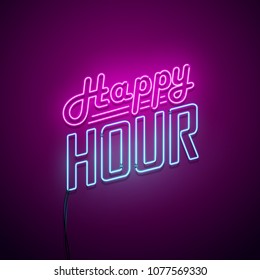 Happy Hour Neon Sign. Vector Illustration.