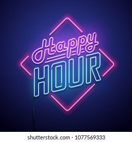 Happy hour neon sign. Vector illustration. - Shutterstock ID 1077569333