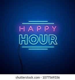 Happy Hour Neon Sign. Vector Illustration.