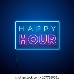 Happy hour neon sign. Vector illustration.