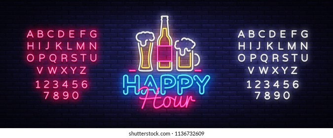 Happy Hour neon sign vector. Happy Hour Design template neon sign, Night Dinner, celebration light banner, neon signboard, nightly advertising, light inscription. Vector. Editing text neon sign