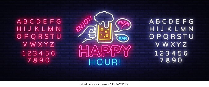 Happy Hour neon sign vector. Happy Hour Design template neon sign, Night Dinner, celebration light banner, neon signboard, nightly advertising, light inscription. Vector. Editing text neon sign