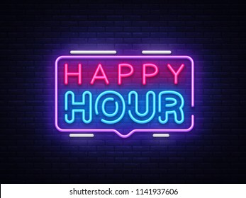 Happy Hour neon sign vector design template. Happy Hour neon logo, light banner design element colorful modern design trend, night bright advertising, brightsign. Vector illustration