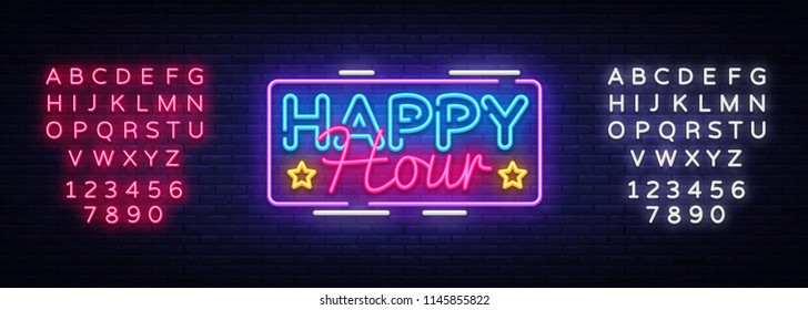 Happy Hour neon sign vector design template. Happy Hour neon logo, light banner design element colorful modern design trend, night bright advertising, brightsign. Vector. Editing text neon sign