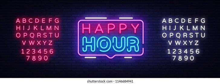 Happy Hour modelo de design vetorial sinal de neon. Logotipo de néon Happy Hour, elemento de design de bandeira leve, tendência de design moderno colorido, publicidade brilhante à noite, sinal brilhante. Vetor. Edição do sinal de néon de texto