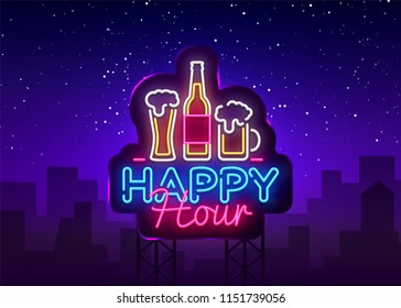 Happy Hour neon sign vector. Happy Hour Design template neon sign, Night Dinner, celebration light banner, neon signboard, nightly bright advertising, light inscription. Vector Billboards