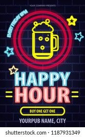 Happy Hour neon sign vector ON BRICK BACKGROUND. Happy Hour Design template neon sign, Night Dinner, celebration light banner, neon signboard, nightly bright advertising, light inscription. EPS 10