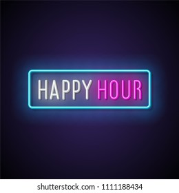 Happy hour neon signboard. Vector illustration.