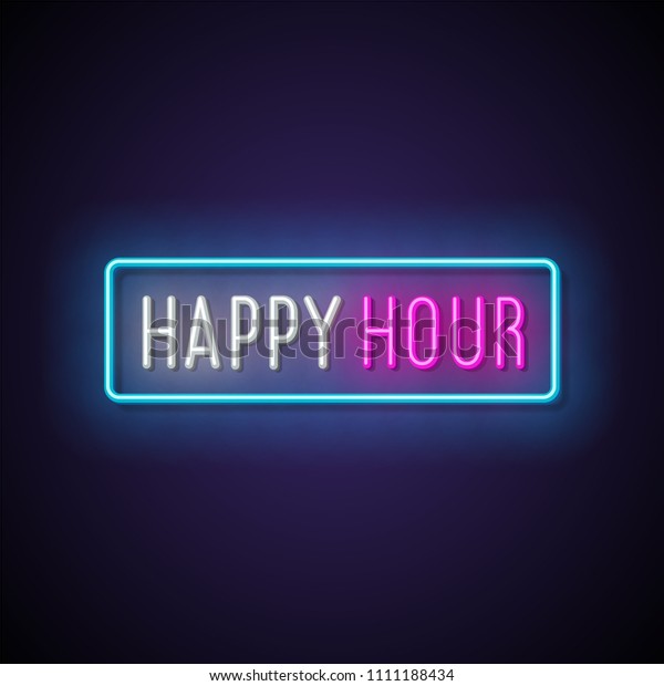 Happy hour neon
signboard. Vector
illustration.