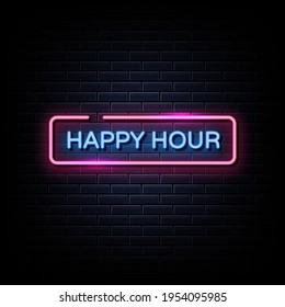 Happy Hour Neon Signs Style Text Vector