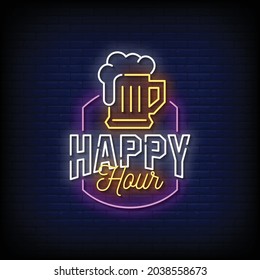 Happy Hour Neon Signs Style Text Vector