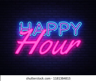 Happy Hour Neon Text Vector. Happy Hour neon sign, design template, modern trend design, night neon signboard, night bright advertising, light banner, light art. Vector illustration