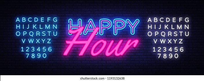 Happy Hour Neon Text Vector. Happy Hour neon sign, design template, modern trend design, night neon signboard, night bright advertising, light banner, light art. Vector. Editing text neon sign