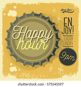 Happy Hour New Age 50s Vintage Poster Sign Design With Top View Beer Bottle Cap  Illustration  For Promotion.  Vector Graphic.