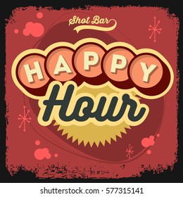 Happy Hour New Age 50s Vintage Label Poster Sign Design With Retro Style Panels  For Promotion.  Vector Graphic.