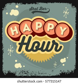 Happy Hour New Age 50s Vintage Label Poster Sign Design With Retro Style Panels  For Promotion.  Vector Graphic.