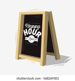 Happy Hour New Age Vintage Typographic Poster Design On A Wooden Restaurant Cafe Bar Chalk Blackboard Menu For Promotion. Vector Graphic.