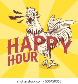 Happy Hour  New Vintage Poster Design With Crowing Rooster Drawing.  Vector Graphic.