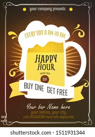 Happy Hour offer flyer template. Free beer. Vintage  discount invitation card template & advertising for web, poster, flyer, invitation to party. Eps 10. To see similar, please VISIT MY PORTFOLIO.

