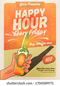 Happy Hour offer flyer template with beer bottle, wheat on colorful grunge background. Vintage discount invitation card template & advertising for web, poster, flyer, party. Eps 10.