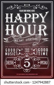 Happy hour on chalkboard. Beautiful greeting card poster, calligraphy golden text with beer mug and lettering. Hand drawn, design elements. Black red background. Vector EPS 10.