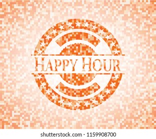 Happy Hour orange tile background illustration. Square geometric mosaic seamless pattern with emblem inside.