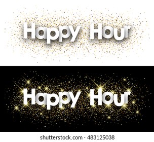 Happy hour paper banner with shining sand. Vector illustration.