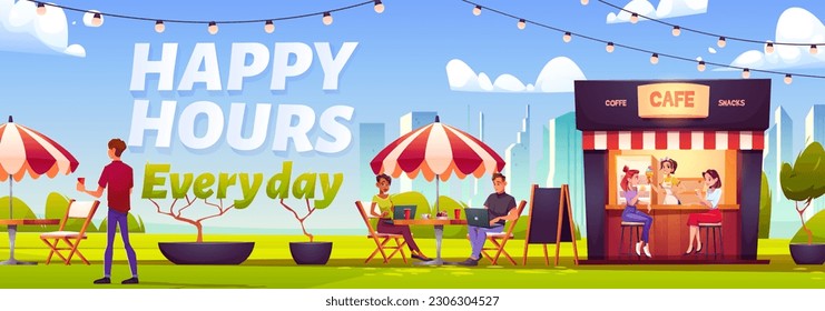 Happy hour in park street cafe vector illustration. Outdoor restaurant or cafeteria booth exterior in summer with people. City building landscape background. Sale offer promotion for snack and coffee