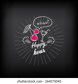 Happy hour party invitation. Cocktail chalkboard banner.