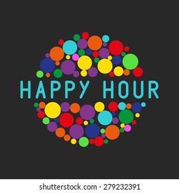 Happy hour party special offer poster background, bright colorful circles geometric shape, free cocktail drink promotion advertisement slogan mockup