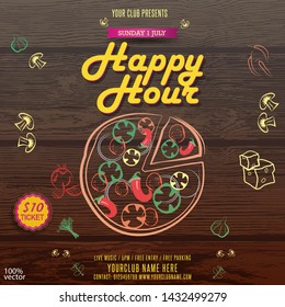 Happy hour Pizzeria menu poster or flyer design with food icons on wooden background. Vector design for celebration, invitation, greeting card.